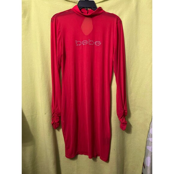 Bebe Bling Crystal Logo Red Mesh Mock Neck Long Sleeve Dress Bodycon Studded L - Picture 1 of 5